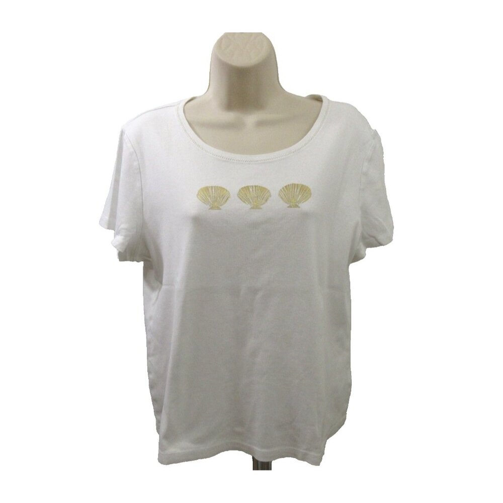 Sigrid Olsen Womens T-Shirt Size Large White w/ Beach Shell 100% Cotton Resort